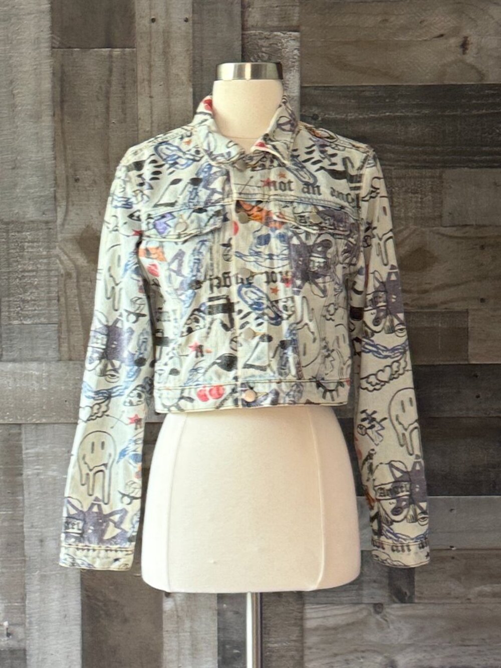 Rue 21 Not An Angel cropped jean jacket medium graffitti denim punk skater fall